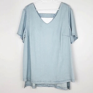 Ellen Tracy 100% Tencel Light Blue Denim V-Neck Cutout Short Sleeves Top Size 1X